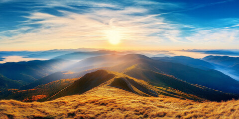 breathtaking sunrise over rolling hills, showcasing vibrant colors and serene landscape. golden light illuminates grassy slopes and distant mountains, creating peaceful atmosphere