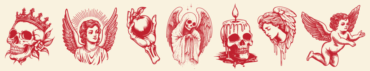 Fototapeta premium Vintage tattoo-inspired angelic skulls, element vector set