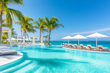 Poolside lounge bed with soft pillows and white curtains, creating a luxurious and relaxing outdoor space.