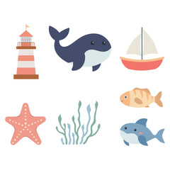 Fototapeta premium Sea Ocean Beach Marine Elements Set of Lighthouse Tower Ship Shark Whale Fish Starfish Seaweed
