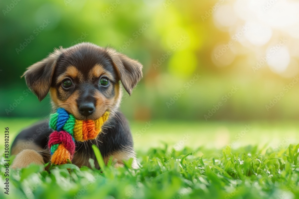 Poster Playful puppy enjoys colorful chew toy on lush green grass under soft natural light Generative AI