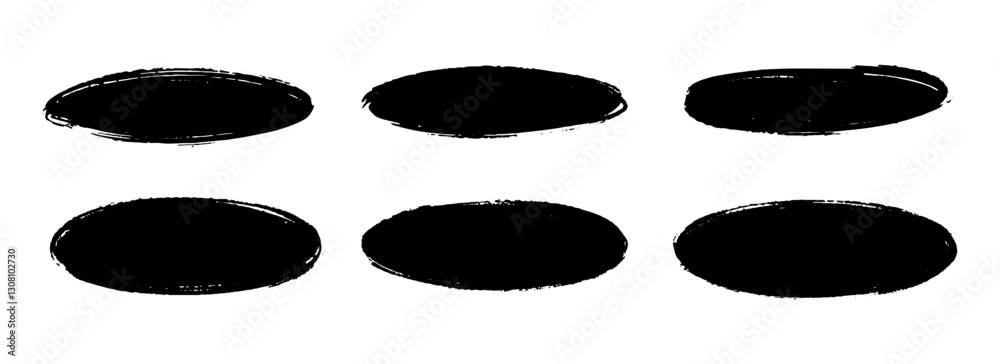 Poster oval dry paint stains set. black grunge ink ellipse collection. textured brush stroke round element 