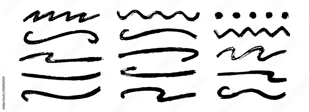 Poster straight, zigzag and wavy paint line set. thick sketch brush stroke collection. rough charcoal squig