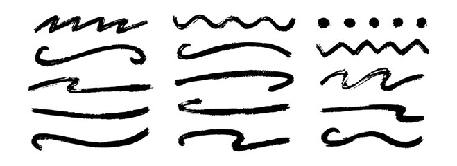 Straight, zigzag and wavy paint line set. Thick sketch brush stroke collection. Rough charcoal squiggle stripes for highlight, underline and emphasis. Vector hand drawn textured crayon chalk lines