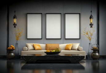 Elegant Living Room Interior Design with Modern Sofa, Decorative Elements, and Minimalist Artwork Display