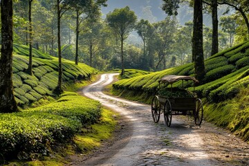 Obraz premium Scenic Rolling Hills with Tea Plantation and Vintage Cart Pathway