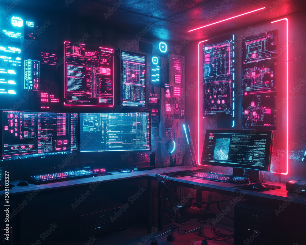 Poster futuristic hacker workspace with glowing monitors and digital interfaces