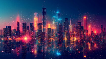 Fototapeta premium Futuristic city skyline glowing with neon lights and reflections at night