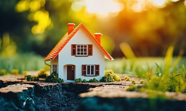 Rumah Rentan: Rumah Mungil di Tanah Retak, Latar Senja dengan Fokus Lembut