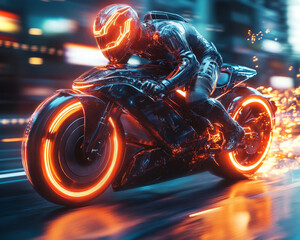 Futuristic motorcycle rider with glowing neon helmet speeding through city