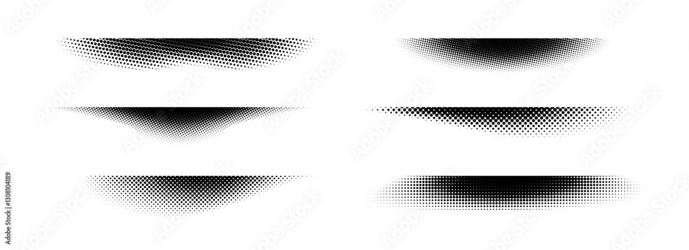 Poster Halftone shadow set. Black dotted gradient stripe collection. Horizontal pixel grain line patterns. Half tone textured shade pack for divide and separate. Vector noise dots and particles strips