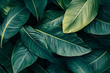 Obraz premium Lush green leaves create vibrant and calming background, showcasing various shades and textures. This natural composition evokes sense of tranquility and connection to nature