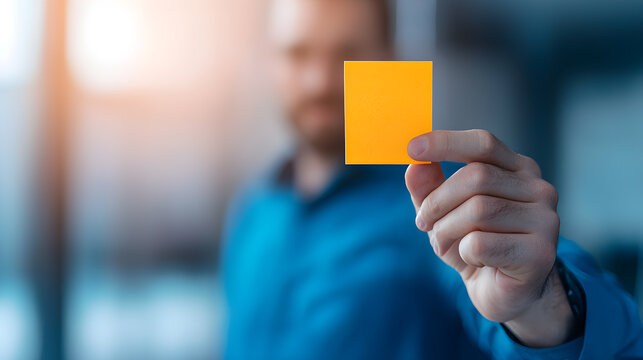 A man is holding a yellow sticky note in his hand