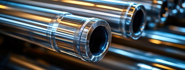 Naklejka premium Close-Up View of Glimmering Metal Pipes in Industrial Setting with Reflective Surface and Smooth Finishes Perfect for Manufacturing and Engineering Projects