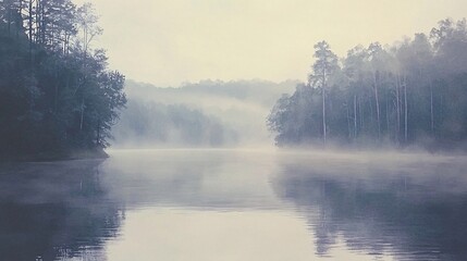 Fototapeta premium Misty lake sunrise, tranquil forest scene, peaceful nature background, ideal for calm mood