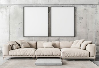 Modern living room interior with a beige sofa. two blank frames on a concrete wall. and a coffee table