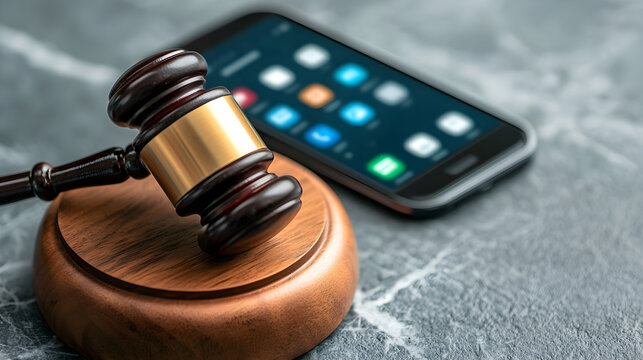 A phone is on a wooden stand next to a gavel