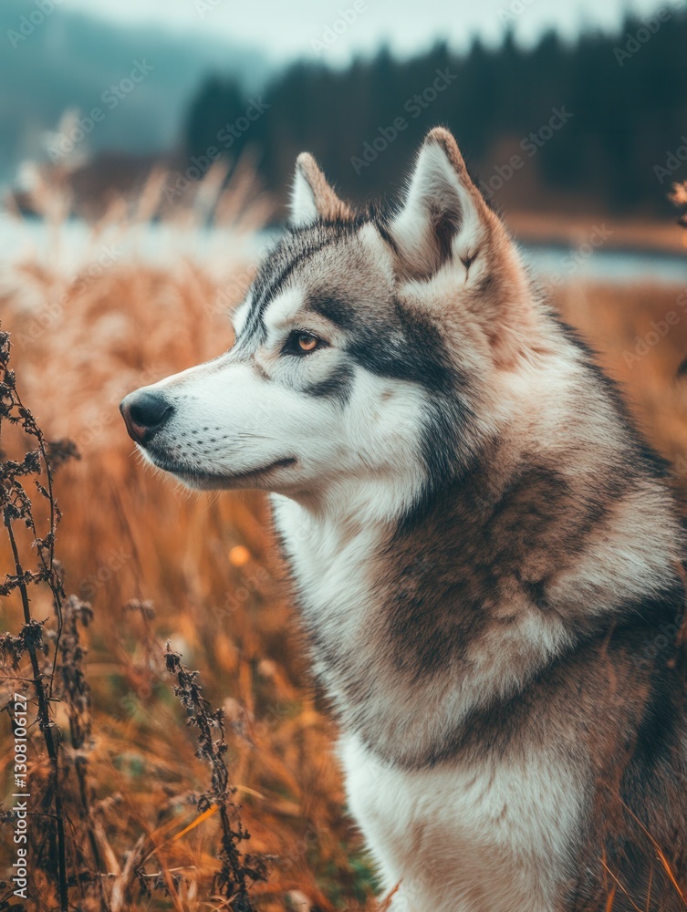 Aufkleber a majestic wolf standing in a golden field near a serene lake during early evening in autumn generat