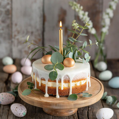 Iced Easter cake with candle and gold eggs on wooden stand. Holiday celebration concept.