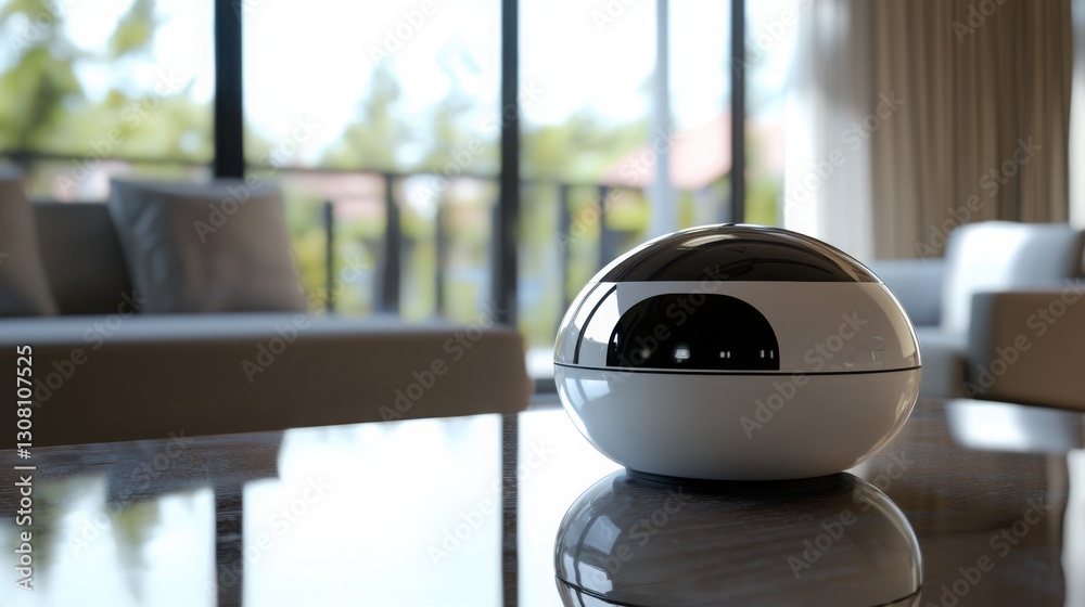 Poster white sphere shaped object positioned on a table against a clean background with ample copy space fo