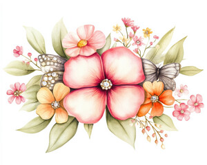 Fototapeta premium A vibrant floral arrangement featuring pink and orange blossoms with delicate leaves and butterflies, embodying beauty and nature.