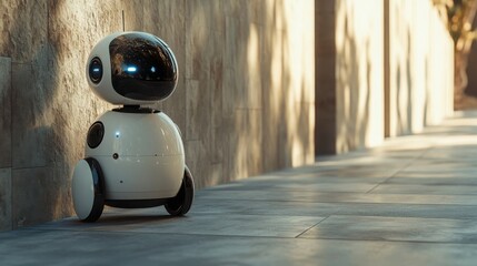 Fototapeta premium Robot standing on a sidewalk with urban background featuring modern architecture and ample copy space for creative use
