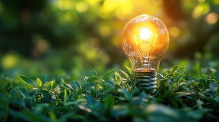 Energy-efficient light bulb nestled in lush green grass symbolizing innovative bioenergy solutions and environmental awareness