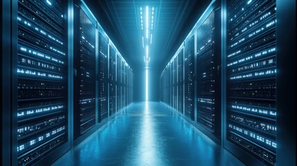 A server room filled with rows of servers emphasizing the critical role of blockchain infrastructure in data management