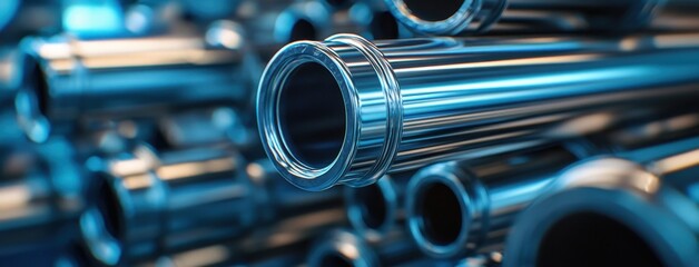Naklejka premium Close-Up View of Metallic Pipes in Vivid Blue Color with Reflections and Shiny Surfaces, Ideal for Industrial and Technological Backgrounds