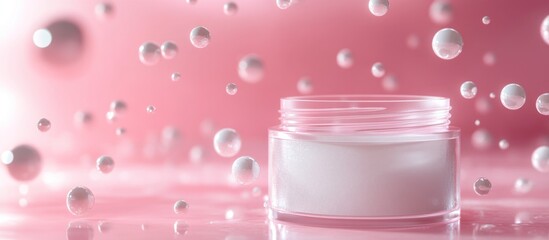 Elegant cosmetic jar with floating spheres.
