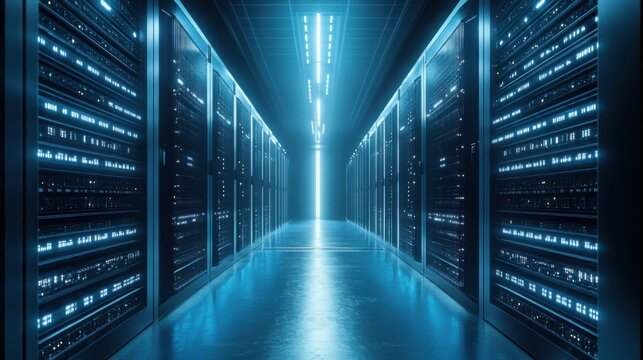 A server room filled with rows of servers emphasizing the critical role of blockchain infrastructure in data management