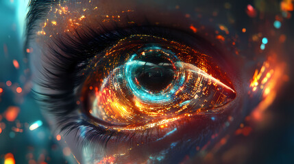 Futuristic high tech digital eye with holographic elements and glowing patterns. Transcendent - Statue. Illustration