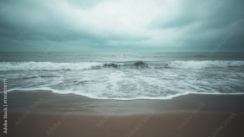 Poster Lonely seashore with gentle waves under an overcast sky and open space for text Generative AI