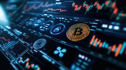 Obraz premium Bitcoin coin displayed on a digital screen highlighting the modern approach to cryptocurrency trading and investment