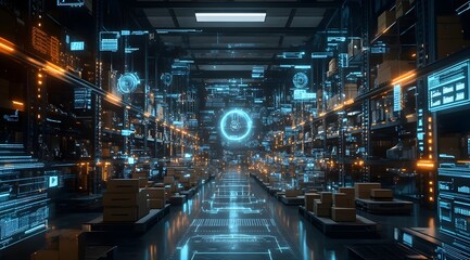 Fototapeta premium smart warehouse management system, featuring interconnected IoT devices that enable a seamless flow of information and facilitate predictive maintenance .