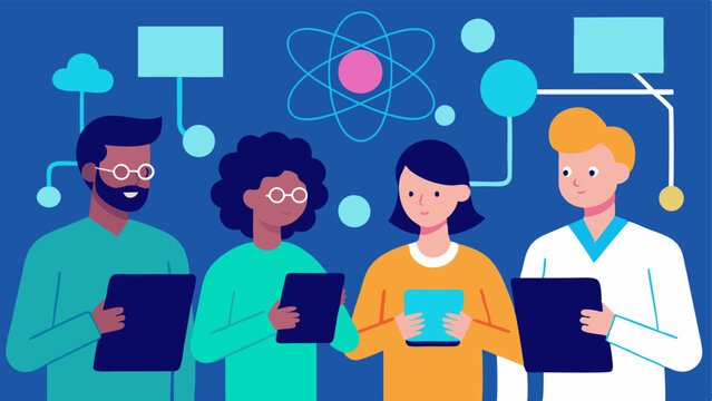 Research Collaboration Engineers from different backgrounds collaborating on a project exchanging ideas with digital tablets showing quantum state representations.