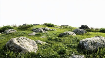 Hillside rocks, grassy meadow, sunny sky, nature scene, landscape design