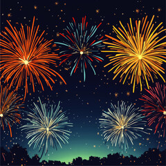 Spectacular Vector Fireworks Display with Colorful Bursts in Night Sky; Celebrating New Year, Events, Festivities, and National Holidays; Vibrant Explosive Art