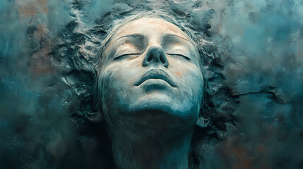 Woman floating deep eyes closed depth looking upward young under lost thought transcendent wall asleep. transcendent. illustration. Transcendent - Statue. Illustration