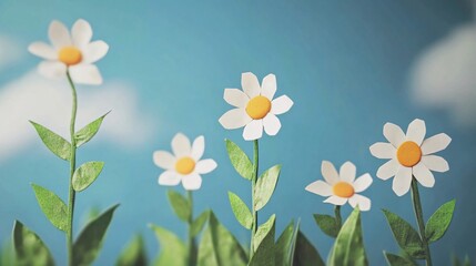 Paper daisies spring meadow blue sky, cheerful greeting card