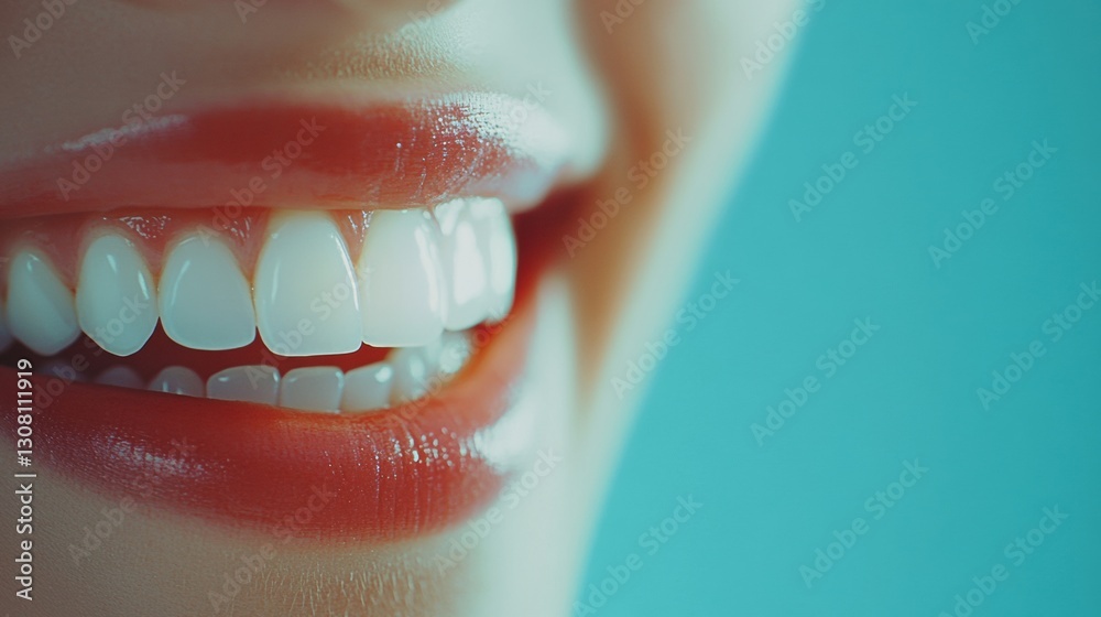 Poster smiling mouth with bright white teeth set against a soft pastel blue background for a cheerful denta