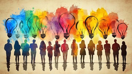 Diverse team brainstorming, colorful ideas, watercolor background, business concept