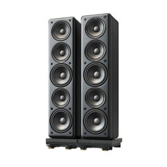 pair of tall. black audio speakers designed for high-quality sound reproduction each speaker has multiple drivers. enhancing bass and clarity. making them suitable for home theaters or music systems t