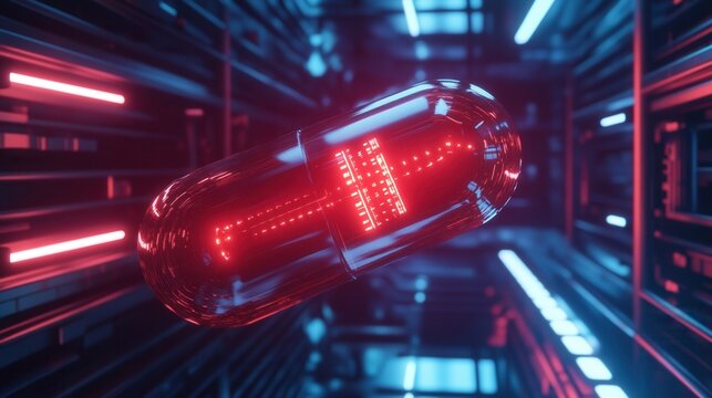 Futuristic glowing cyberpunk pill suspended in a dark high tech environment with neon lighting effects Generative AI