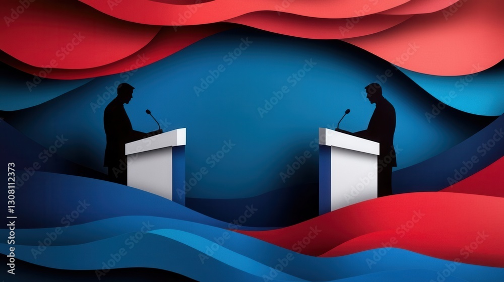 Leinwandbilder bold paper art design featuring silhouettes of figures engaged in a political debate with dynamic ab