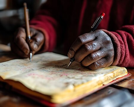 Hands writing in worn notebook