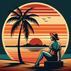 A retro vintage colour beach scene setting sun, A  home under a palm tree and a woman sitting on the beach on a wooden chair, rounded logotype, and t-shirt