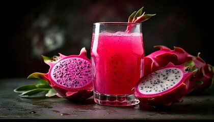 Dragon fruit juice with slice closeup with lite background 