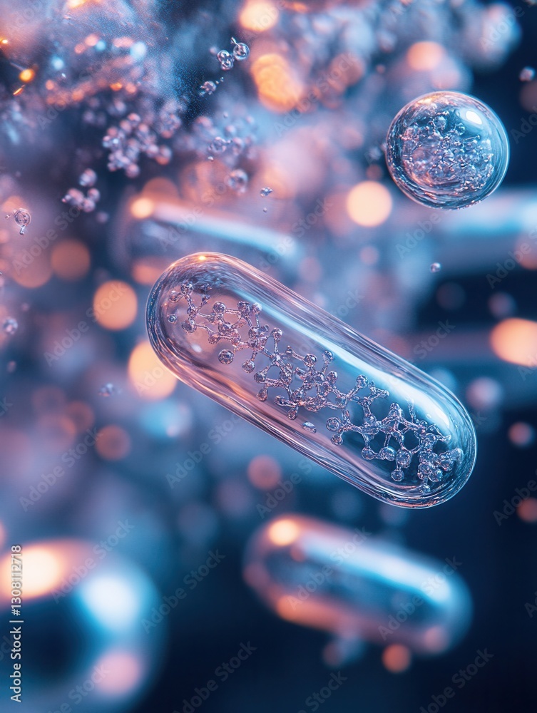 Aufkleber floating capsules dissolving into molecular structures in a dreamy abstract medical illustration gen