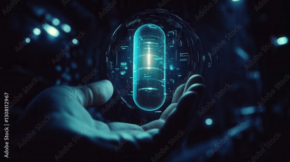Aufkleber Glowing capsule held in a hand surrounded by medical holograms in a dark cyberpunk setting Generative AI
